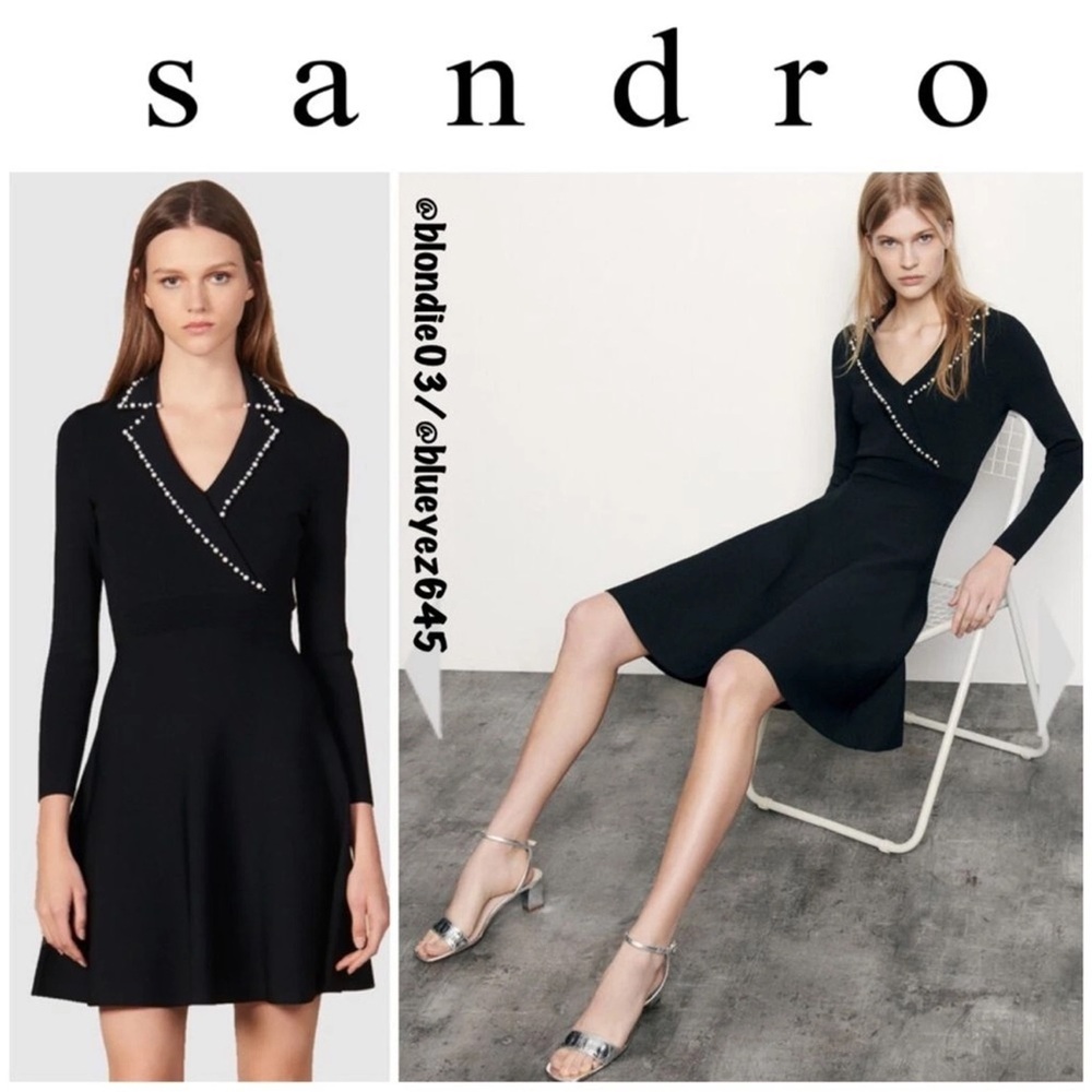 Sandro Elegant Black Dress with Pearl Accents